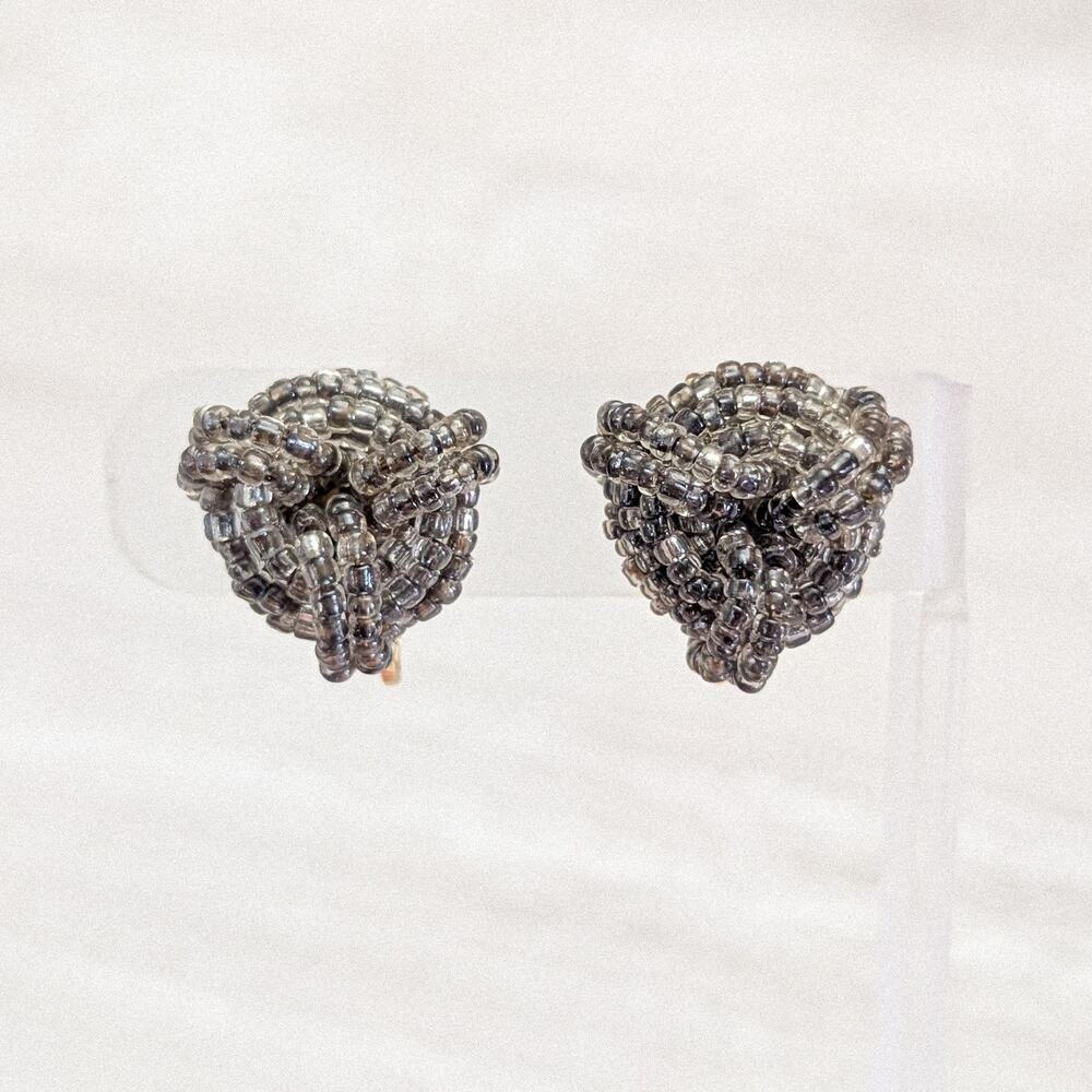 Vintage Clip On Earrings Grey Beaded Stylish Design Statement Earrings